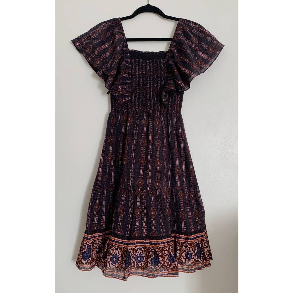 Soleil Floral Midnight Figue Estella Cotton Square Neck Mini Dress XS - Picture 7 of 10